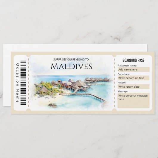 Malediven Flugzeug Boarding Pass Ticket Einladung (Vorne/Hinten)