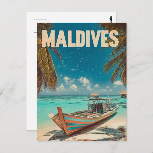 Malediven Vintager tropischer Strand - Ozeanreisen Postkarte (Vorne/Hinten)