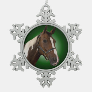 Malen Sie Pferd auf grüner Schneeflocke-Verzierun Schneeflocken Zinn-Ornament