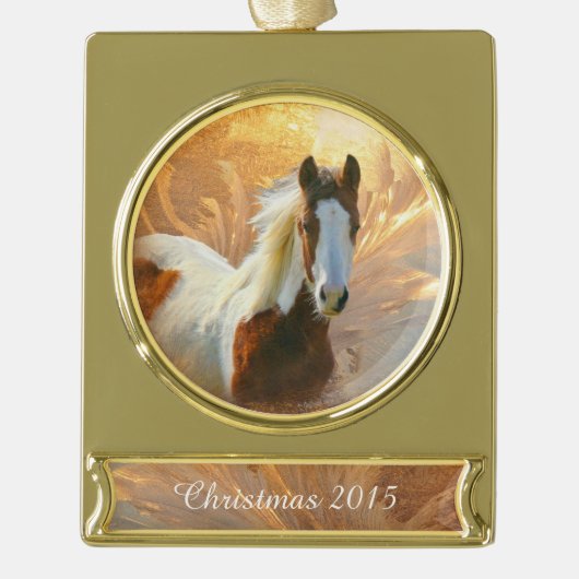 Malen Sie Pferdeweihnachtsgold überzogene Banner-Ornament Gold (Vorderseite)