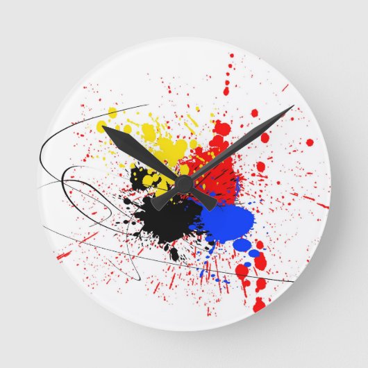 Malen Sie Spritzer-Kunst-Schwarz-blaues Rot-Gelb Runde Wanduhr (Vorderseite)