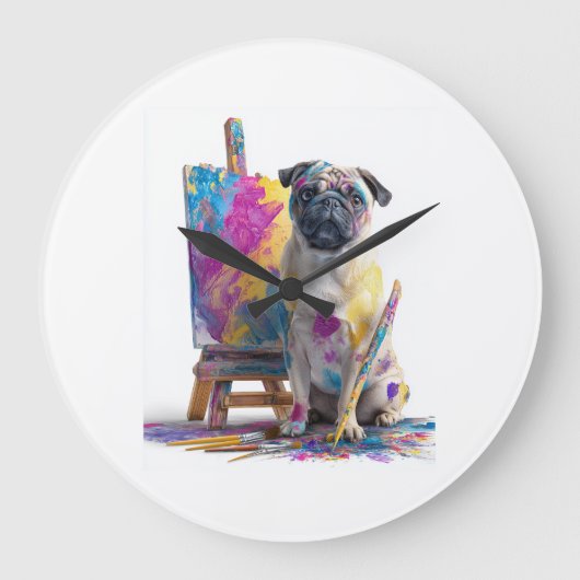 Maler-Pug � Abstrakte Kunst Hund Große Wanduhr (Vorderseite)
