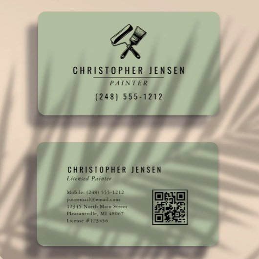 Maler-QR-Code Sage Green Schwarz Abgerundete Maler Visitenkarte