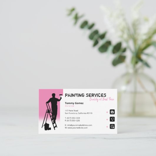 Malerdienste | Bild bei der Arbeit rosa Visitenkarte (Stehend Vorderseite)