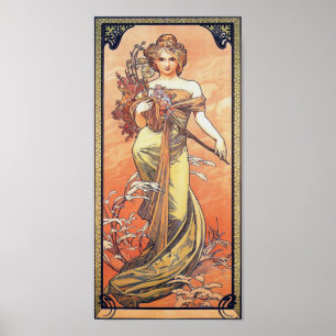 Malerei Alphonse Mucha - Frau, die Blumen hält Poster