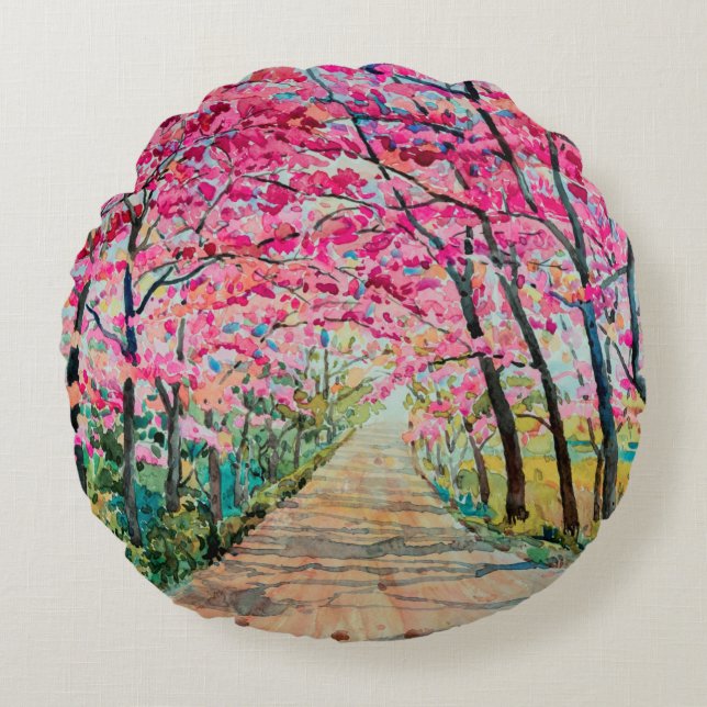 Malerei Aquarelllandschaft Rosa Farbe Tunne Rundes Kissen (Vorderseite)