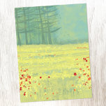 Malerei auf Wiesen Postkarte<br><div class="desc">Ein modernes Landschaftsbild mit einer friedlichen Blume,  gefüllt mit einer Sommerwiese mit Vögeln,  die gegen den Himmel fliegen und einem Kiefernwald in der Ferne. Frische und erfrischende gelbe und grüne Farben. Originelle Kunst von Nic Squirrell.</div>