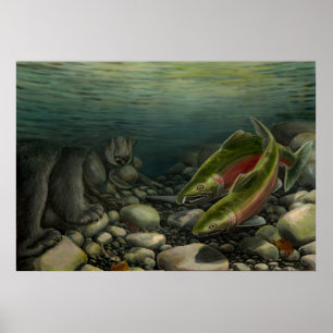 Malerei auf Wildtiere Prints Lachs Angelbär Print Poster