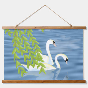 Malerei Blau und Grün Paar Schwäne auf dem See Wandteppich Mit Holzrahmen