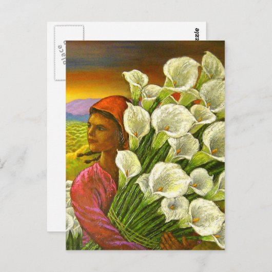 Malerei der Frau mit der Postkarte Calla Lilies (Vorne/Hinten)