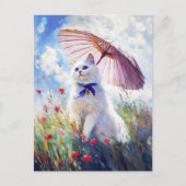 Malerei der weißen Katze mit Parasol im Mohnfeld Postkarte (Vorderseite)