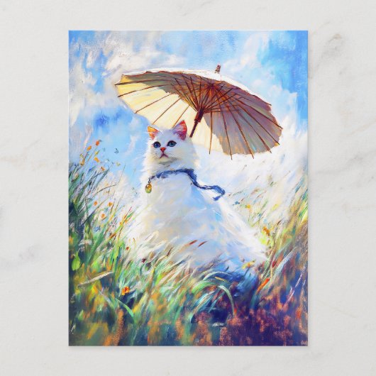 Malerei der weißen Katze mit Parasol im Mohnfeld Postkarte (Vorderseite)