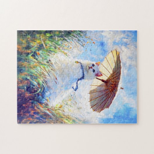 Malerei der weißen Katze mit Parasol im Mohnfeld Puzzle (Horizontal)