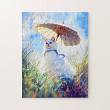 Malerei der weißen Katze mit Parasol im Mohnfeld