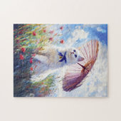 Malerei der weißen Katze mit Parasol im Mohnfeld Puzzle (Horizontal)