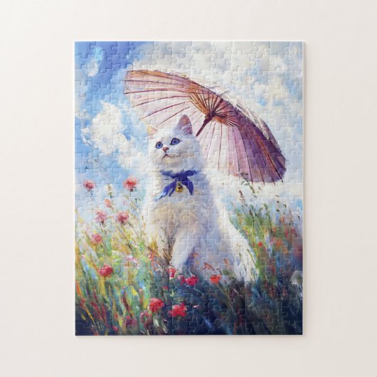 Malerei der weißen Katze mit Parasol im Mohnfeld Puzzle (Vertikal)