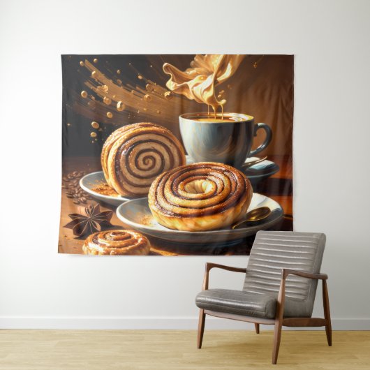 Malerei des Kaffeecups und der Zimtwalzen Abstrakt Wandteppich (Beispiel (Horizontal))
