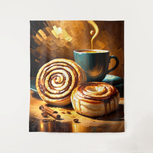 Malerei des Kaffeecups und der Zimtwalzen Abstrakt Wandteppich (Vorderseite)