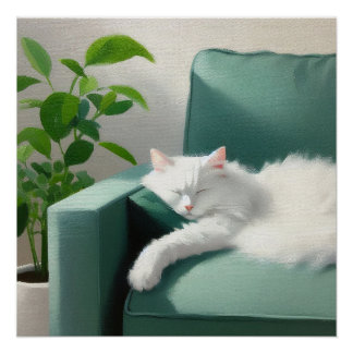 Malerei des Katzenschläfens auf einem grünen Sofa Poster