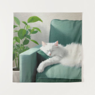 Malerei des Katzenschläfens auf einem grünen Sofa Wandteppich