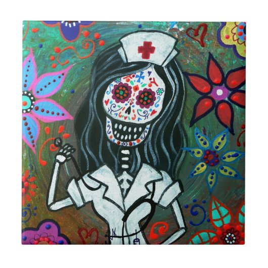 Malerei Dia de Los Muertos Nurse RN Fliese (Vorderseite)