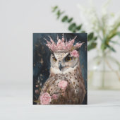 Malerei einer Eule mit Krone und rosa Rosen Postkarte (Stehend Vorderseite)