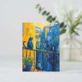 Malerei einer Katze auf dem Balkon Railing Stadt Postkarte (Stehend Vorderseite)