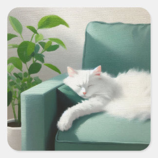 Malerei einer Katze, die auf einem grünen Sofa sch Quadratischer Aufkleber