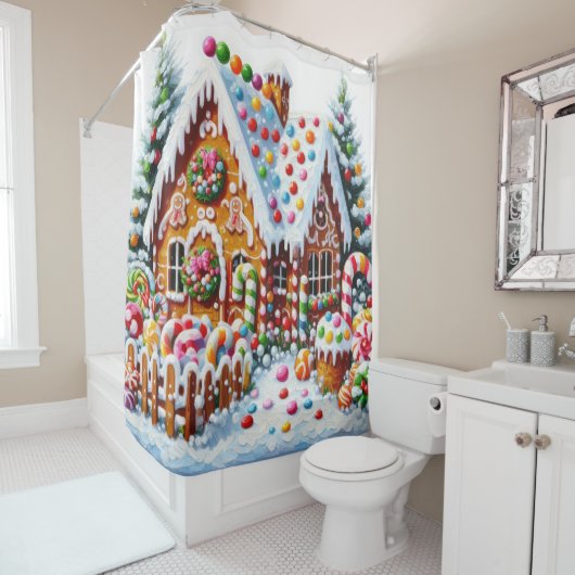 Malerei eines farbenfrohen Candy Gingerbread House Duschvorhang (Beispiel)