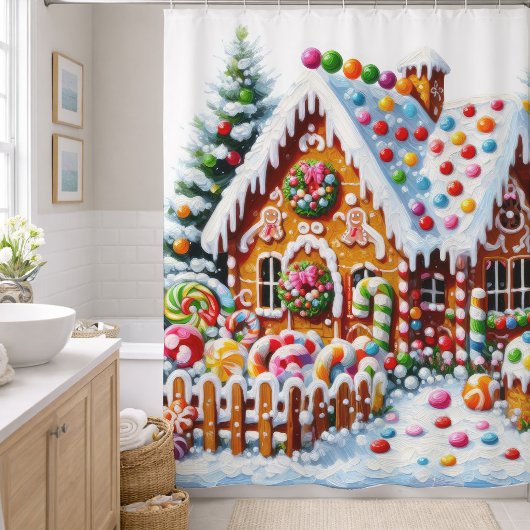 Malerei eines farbenfrohen Candy Gingerbread House Duschvorhang