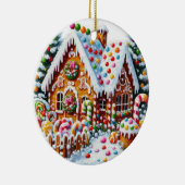 Malerei eines farbenfrohen Candy Gingerbread House Keramik Ornament (Rechts)