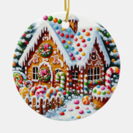 Malerei eines farbenfrohen Candy Gingerbread House Keramik Ornament