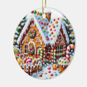 Malerei eines farbenfrohen Candy Gingerbread House Keramik Ornament (Links)