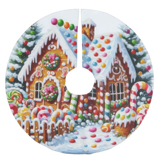 Malerei eines farbenfrohen Candy Gingerbread House Polyester Weihnachtsbaumdecke (Vorderseite)