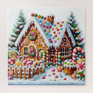 Malerei eines farbenfrohen Candy Gingerbread House Puzzle