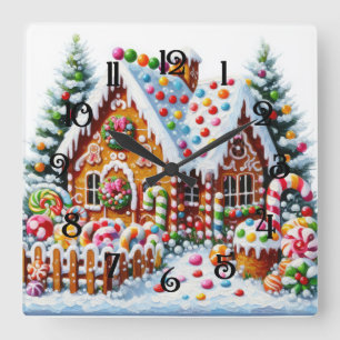 Malerei eines farbenfrohen Candy Gingerbread House Quadratische Wanduhr