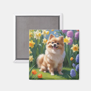 Malerei eines Pomeranian Hundes mit Frühlingsblume Magnet