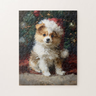 Malerei eines Pomeranian-Welpen zu Weihnachten Puzzle