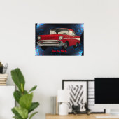 Malerei eines roten Oldtimer auf abstrakt blauem S Poster (Heimbüro)