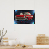 Malerei eines roten Oldtimer auf abstrakt blauem S Poster (Küche)