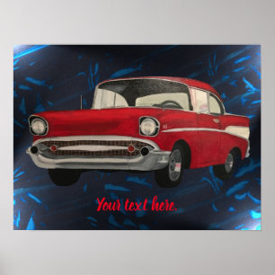 Malerei eines roten Oldtimer auf abstrakt blauem S Poster