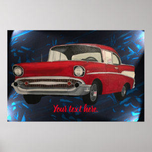 Malerei eines roten Oldtimer auf abstrakt blauem S Poster