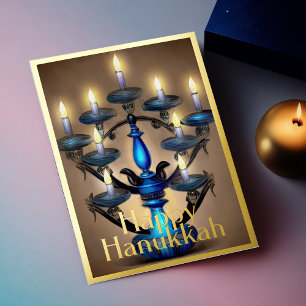 Malerei Menorah Happy Hanukkah Gold Blue Folien Feiertagskarte