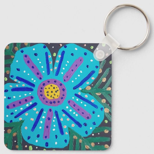 Malerei mit blauer Blume Schlüsselanhänger (Rückseite)