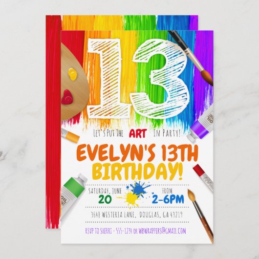 Malerei Party Einladung, Art Birthday Party - 13 Einladung (Vorne/Hinten)
