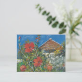 Malerei Postcard Hibiskus und Okinawan House Postkarte (Stehend Vorderseite)