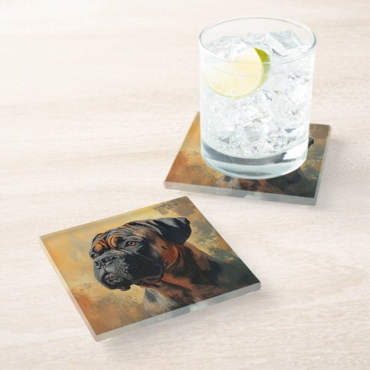 MALEREI UND SCHWARZER BULLMASTIFF GLASUNTERSETZER (Schrägansicht)