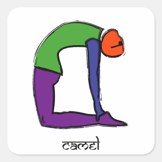 Malerei von Camel Yoga Pose mit Sanskrit Text. Quadratischer Aufkleber (Vorderseite)