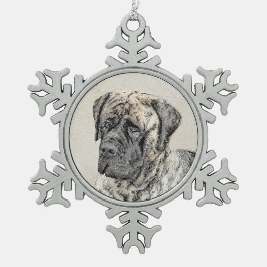 Malerei von englischen Mastiff (Brindle) - Hundeku Schneeflocken Zinn-Ornament (Vorderseite)