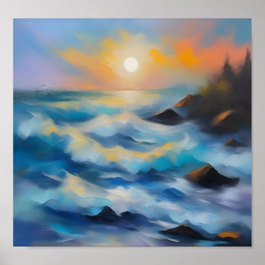 Malerei von hellblauen Meereswellen unter der Sonn Poster (Vorne)